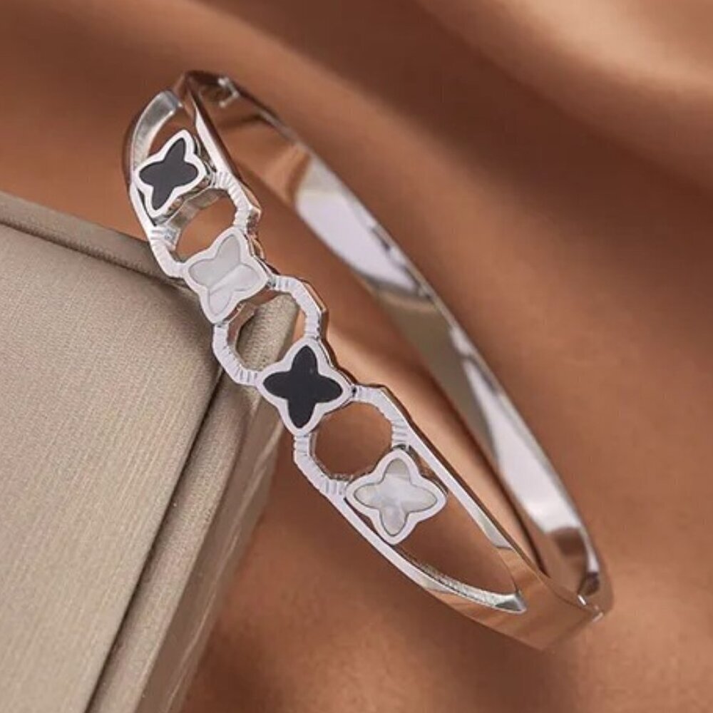 Stainless Steel Silver Tone Clover Bangle, Pearl White And Black